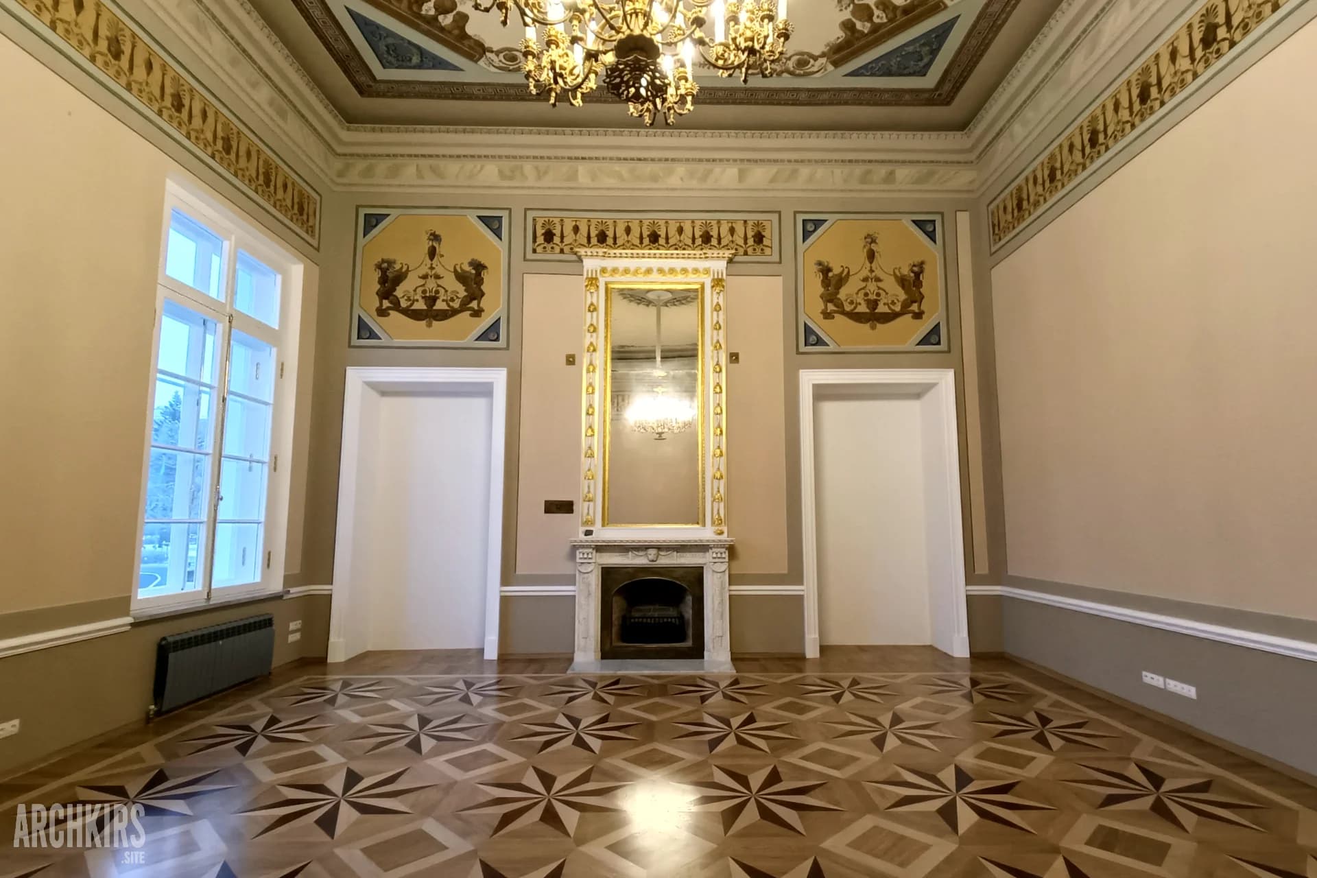 Hall 12 after restoration, fireplace wall