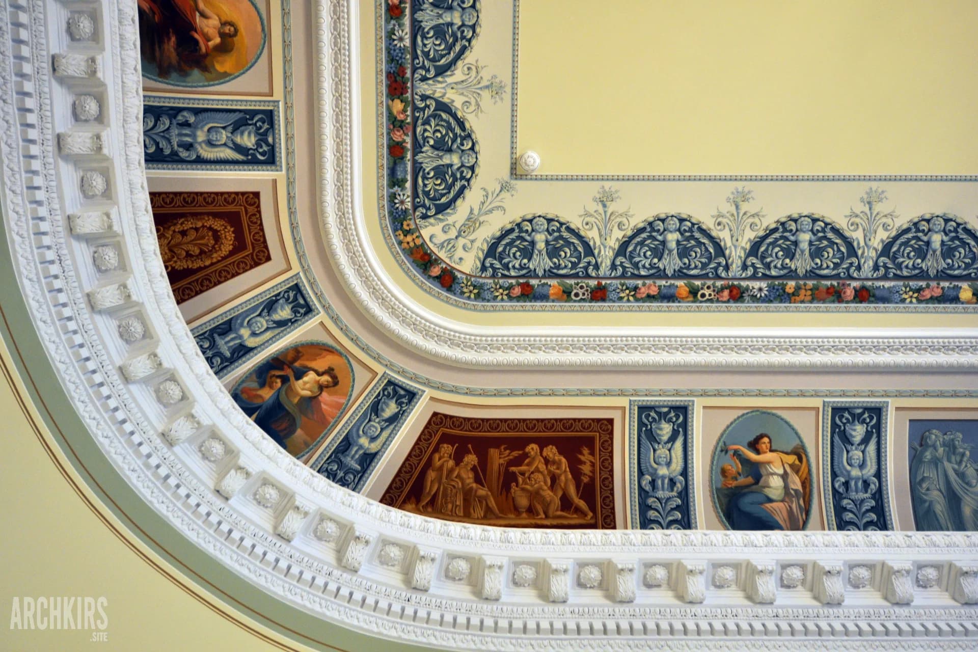 Ceiling painting and moulded cornice detail