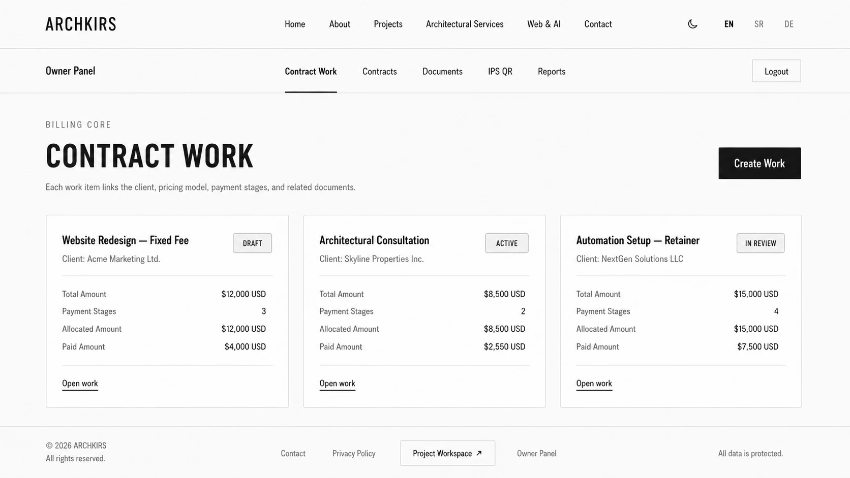 Billing Core contract work dashboard