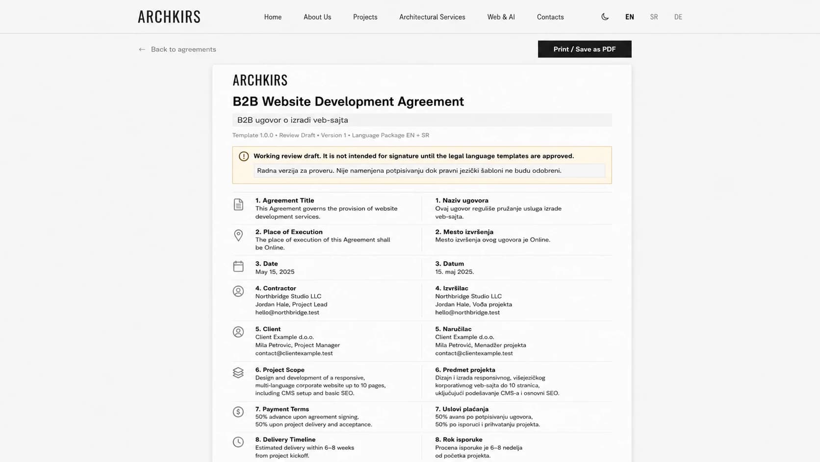 Bilingual B2B agreement preview