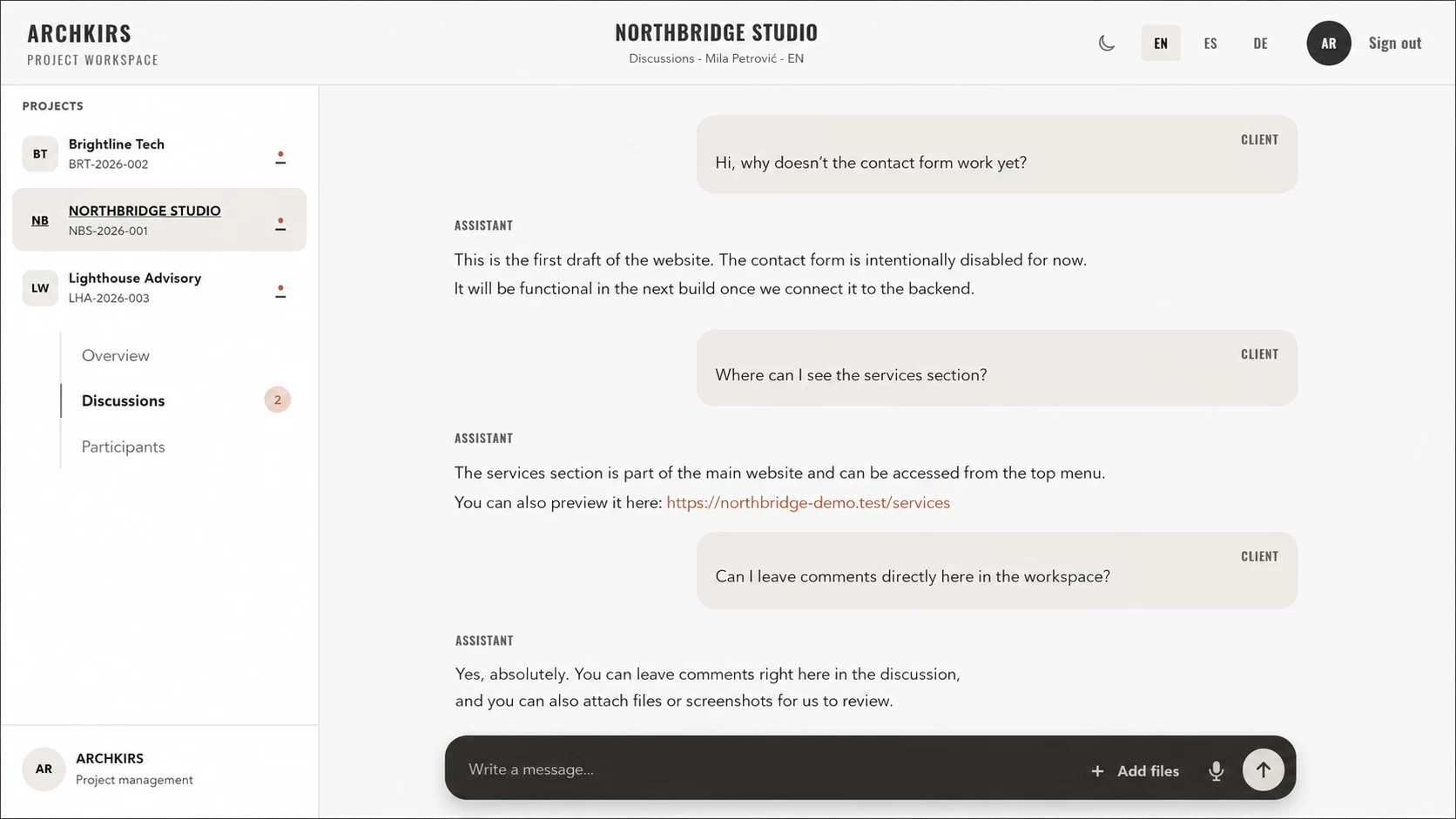 Discussion workspace with messages and files in ARCHKIRS Project Workspace