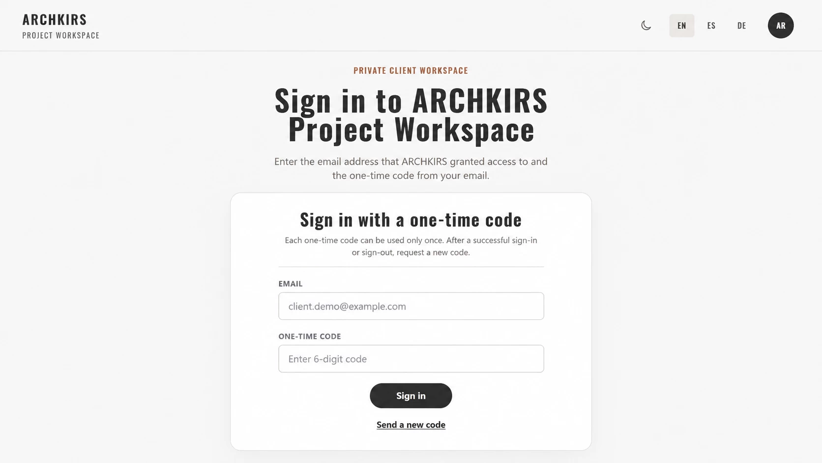 Secure sign-in to ARCHKIRS Project Workspace with a one-time code