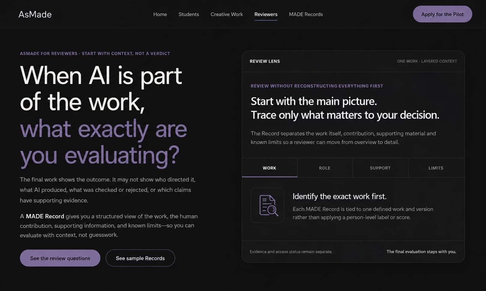AsMade page for reviewers